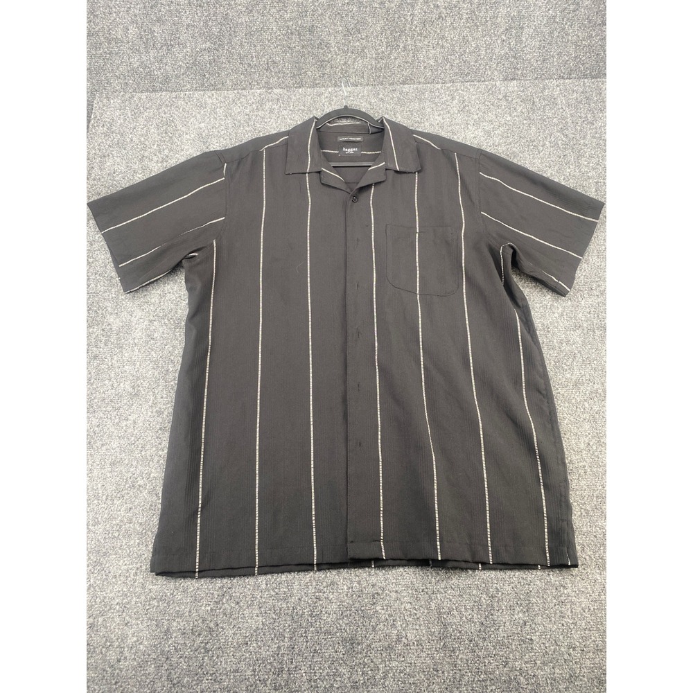 Haggar Luxury Microfiber Shirt Mens XL Black Striped Short Sleeve Camp Casual XL